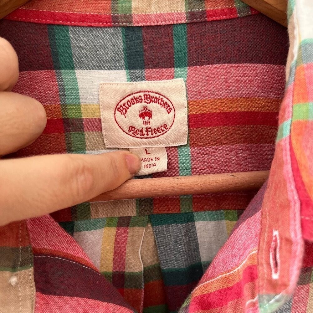 Brooks Brothers Sz L Red Fleece Plaid Button Down Shirt Chest Pocket - Picture 2 of 8